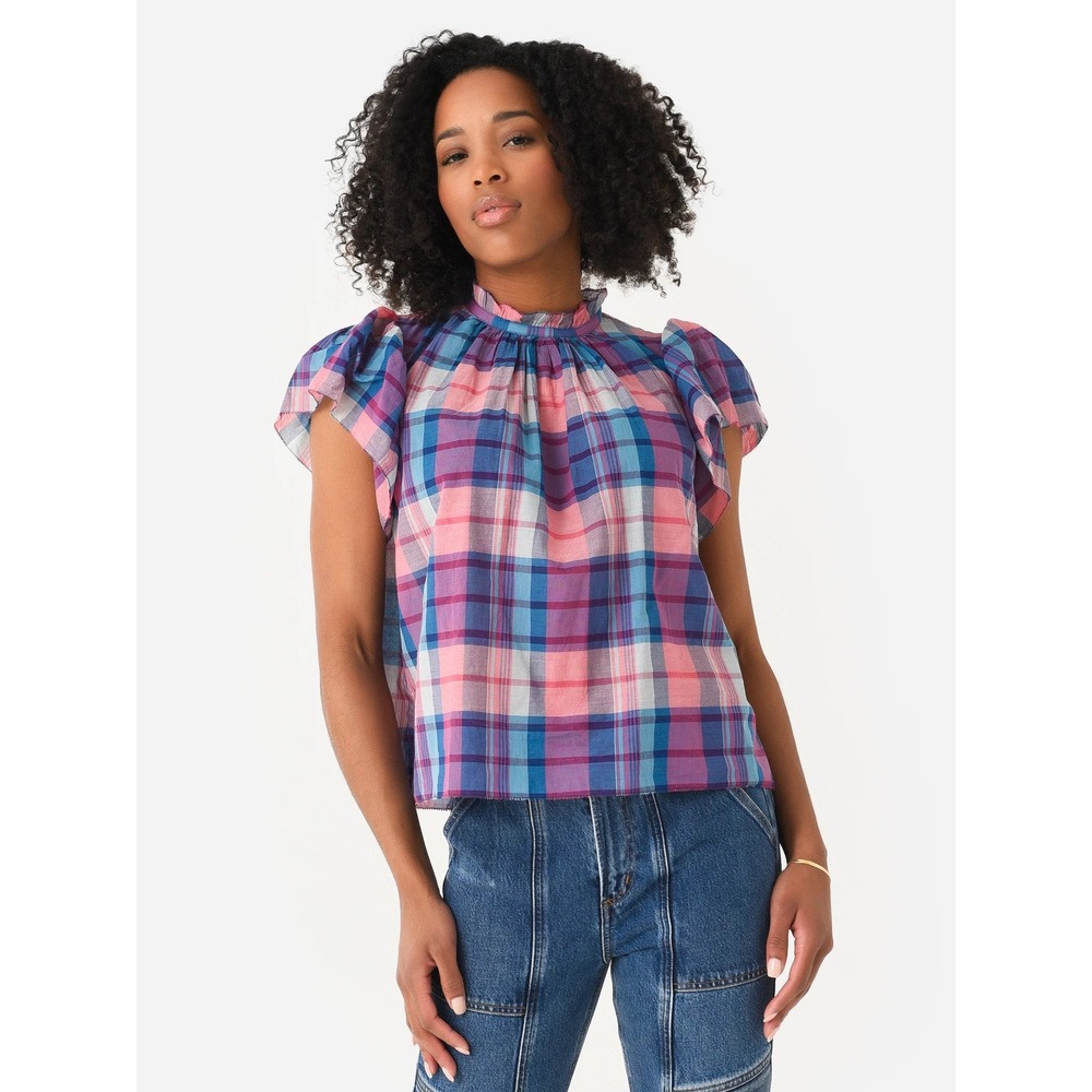 Trovata Birds of Paradis Plaid Flutter Sleeve Cotton Blouse XS NWT 100% Cotton